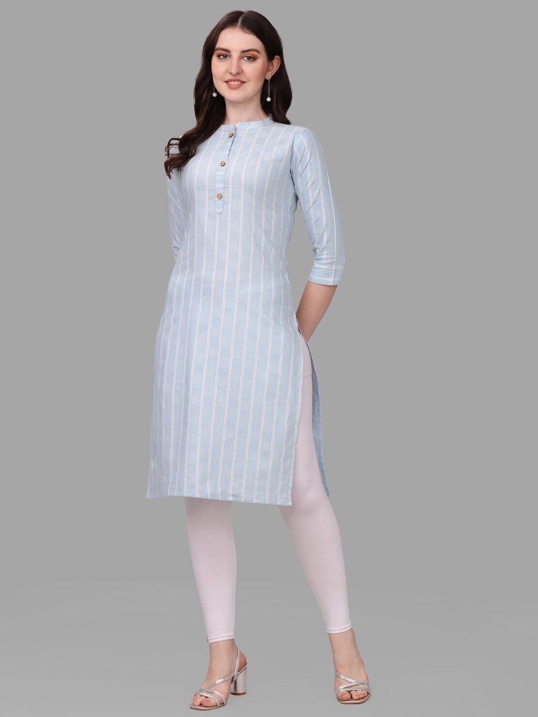 

Anouk Turquoise Blue & White Striped Regular Cotton Kurta