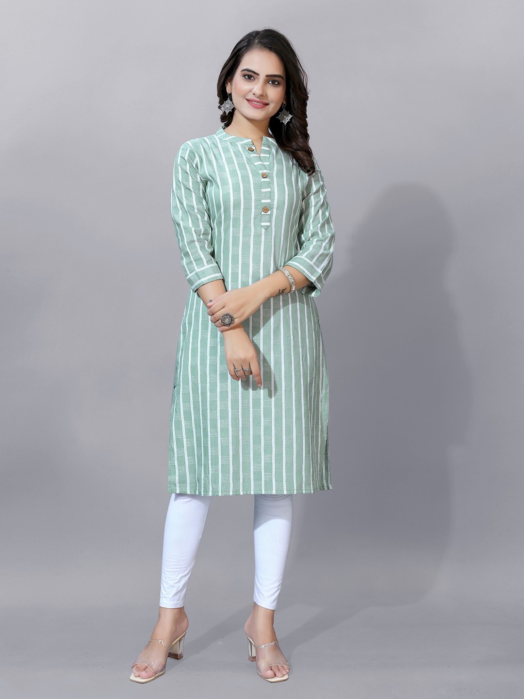 

Anouk Striped Pure Cotton Mandrian Collar Knee Length Kurta, Green