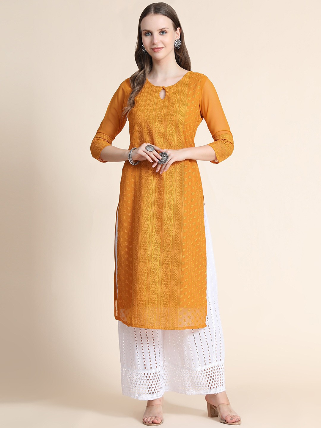 

BLACK SCISSOR Ethnic Motifs Embroidered Keyhole Neck Chikankari Straight Georgette Kurta, Mustard