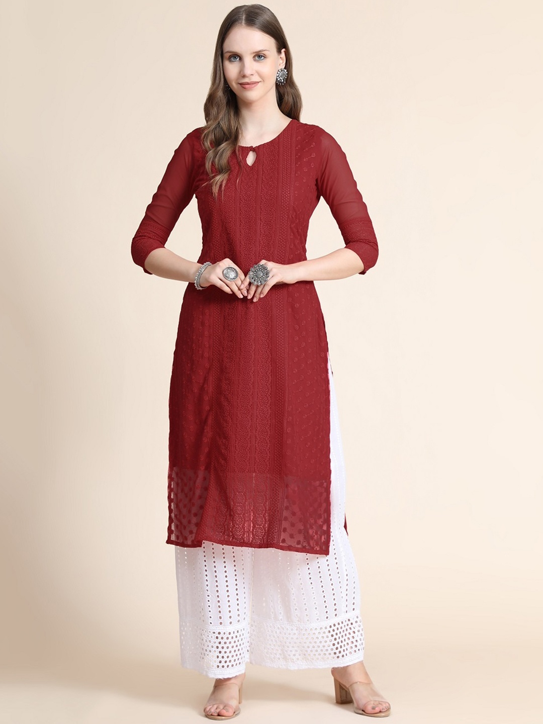 

BLACK SCISSOR Floral Embroidered Keyhole Neck Chikankari Kurta, Red