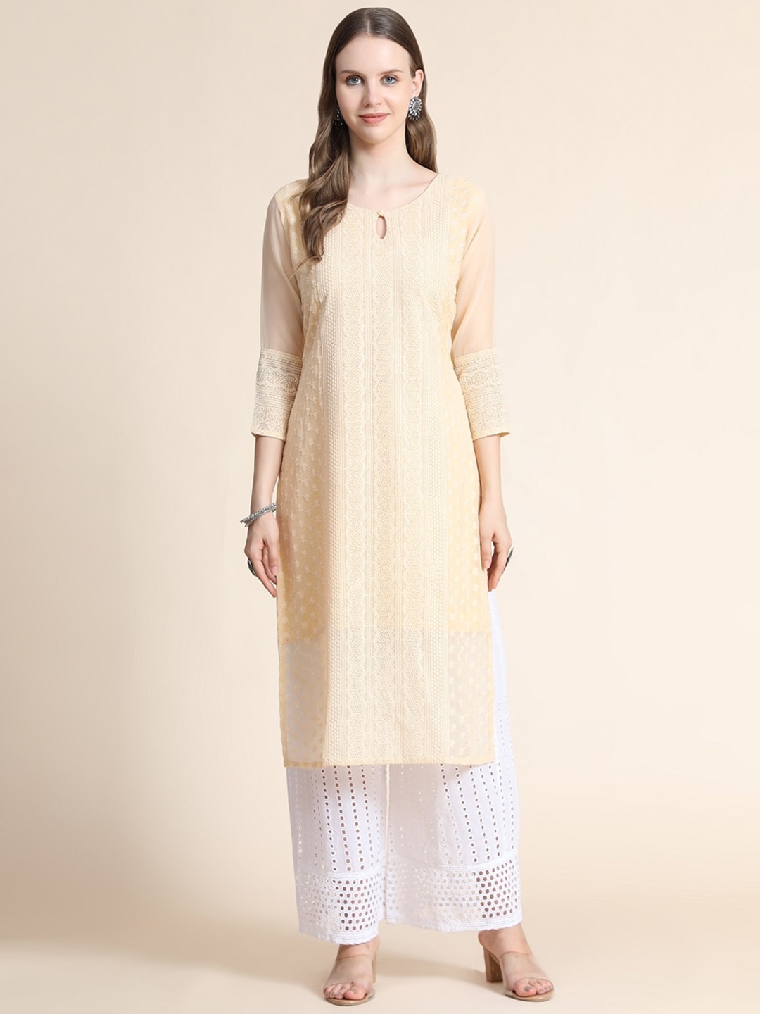 

BLACK SCISSOR Floral Embroidered Keyhole Neck Chikankari Kurta, Yellow
