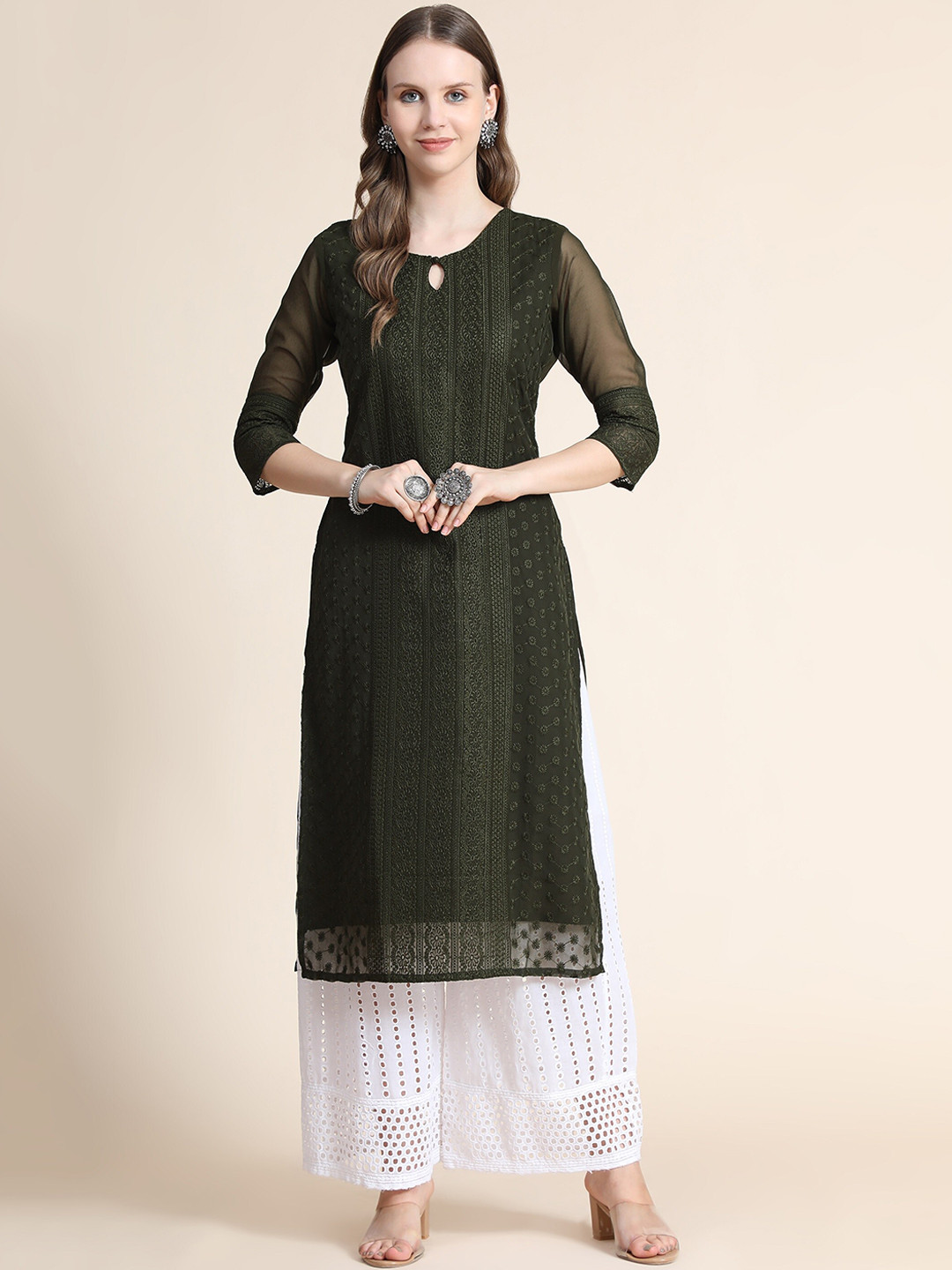 

BLACK SCISSOR Chikankari Embroidered Keyhole Neck Straight Kurta, Olive