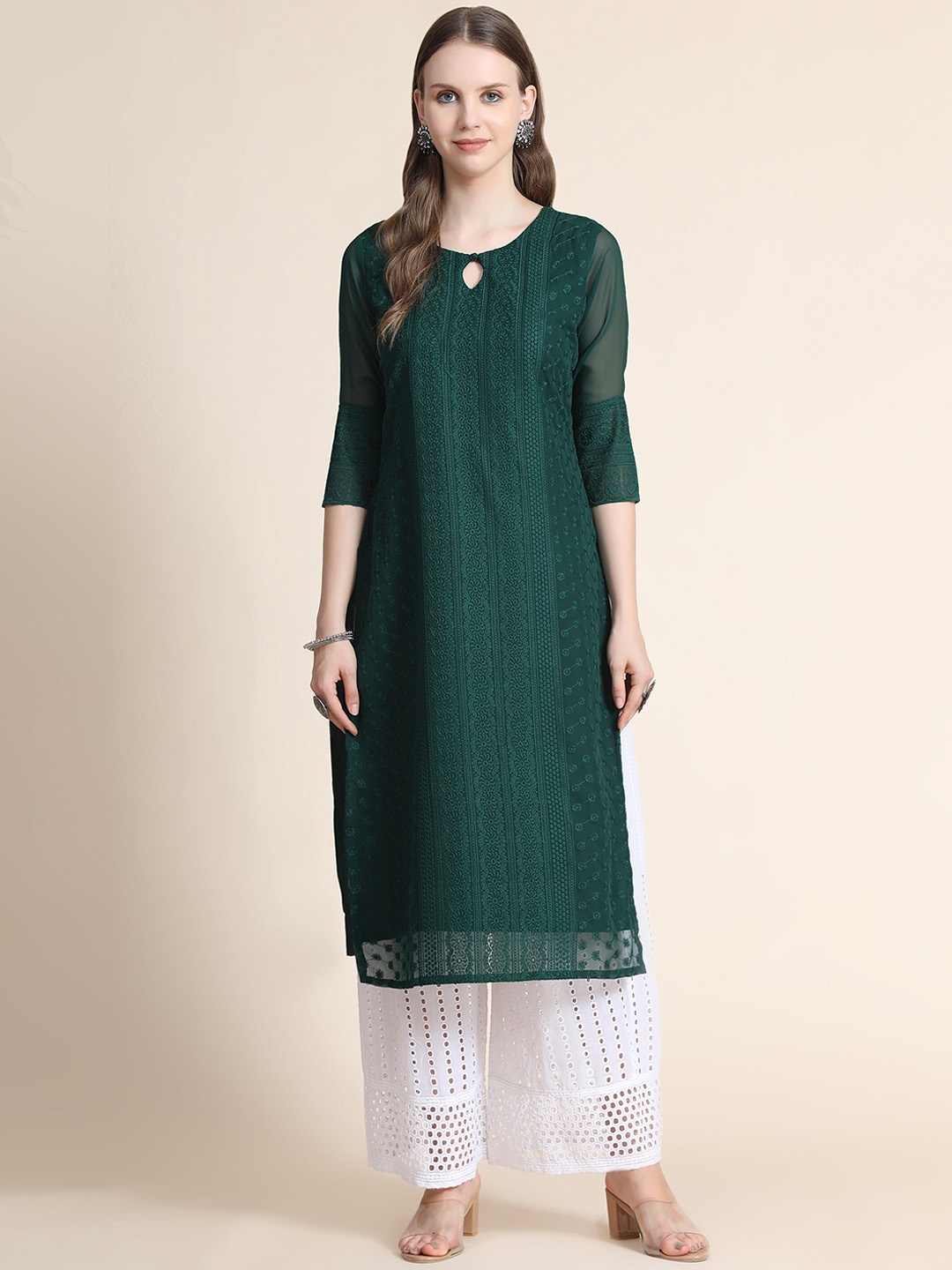 

BLACK SCISSOR Ethnic Motifs Embroidered Keyhole Neck Straight Kurta, Green