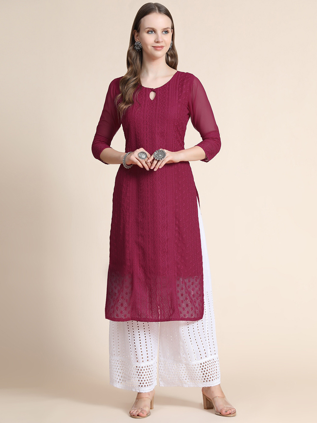 

BLACK SCISSOR Ethnic Motifs Chikankari Embroidered Keyhole Neck Straight Kurta, Burgundy