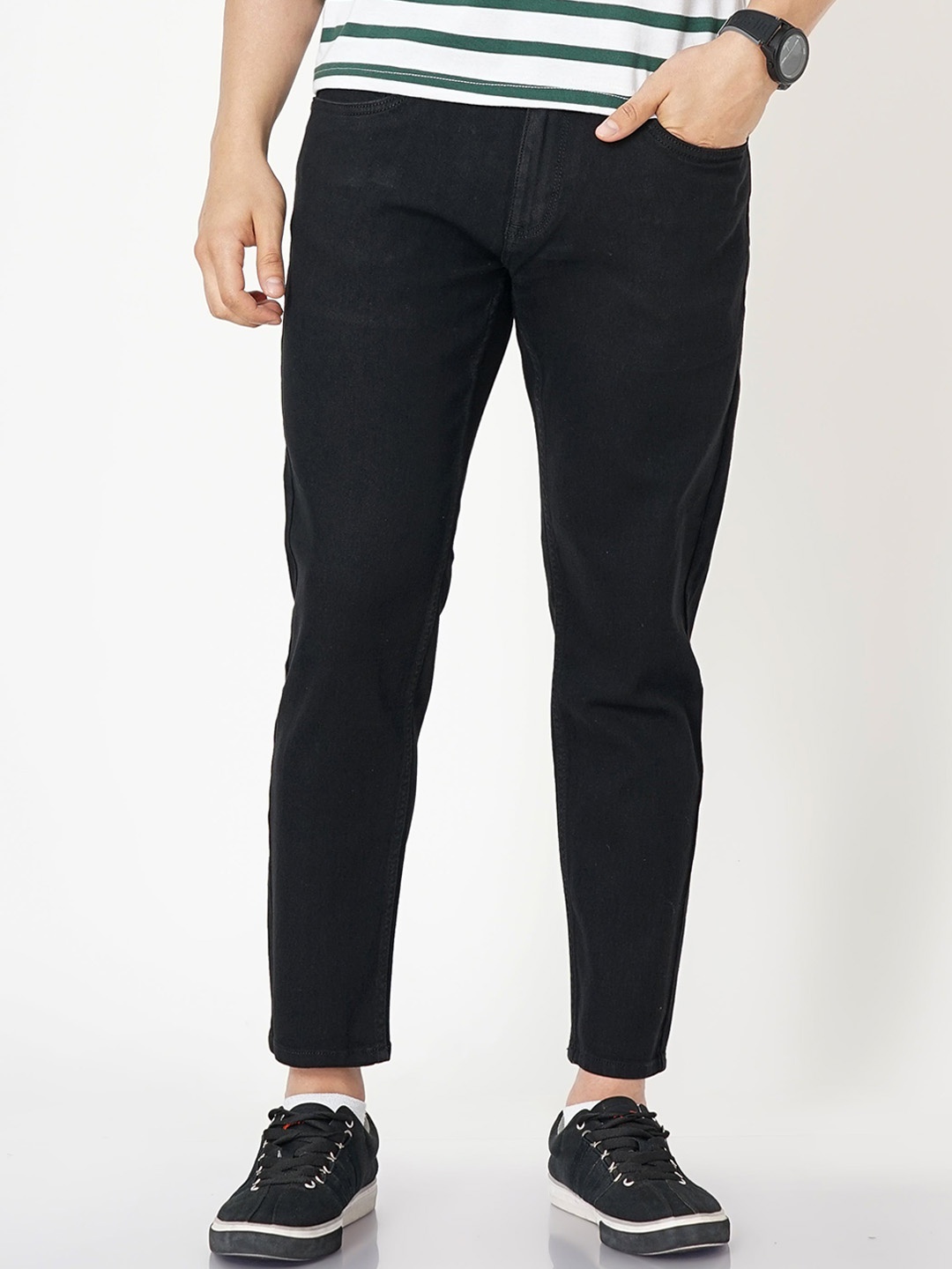 

Llak Jeans Men Tapered Fit Clean Look Stretchable Cropped Jeans, Black