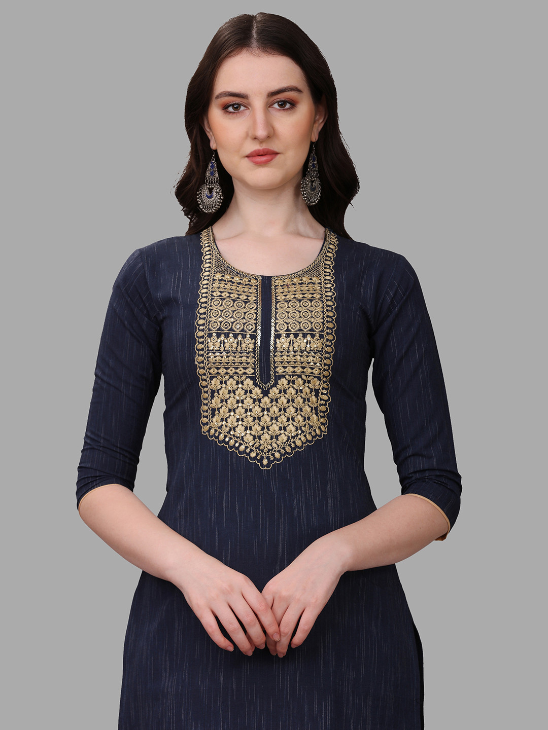 

Anouk Striped Pure Cotton Mandrian Collar Knee Length Kurta, Navy blue