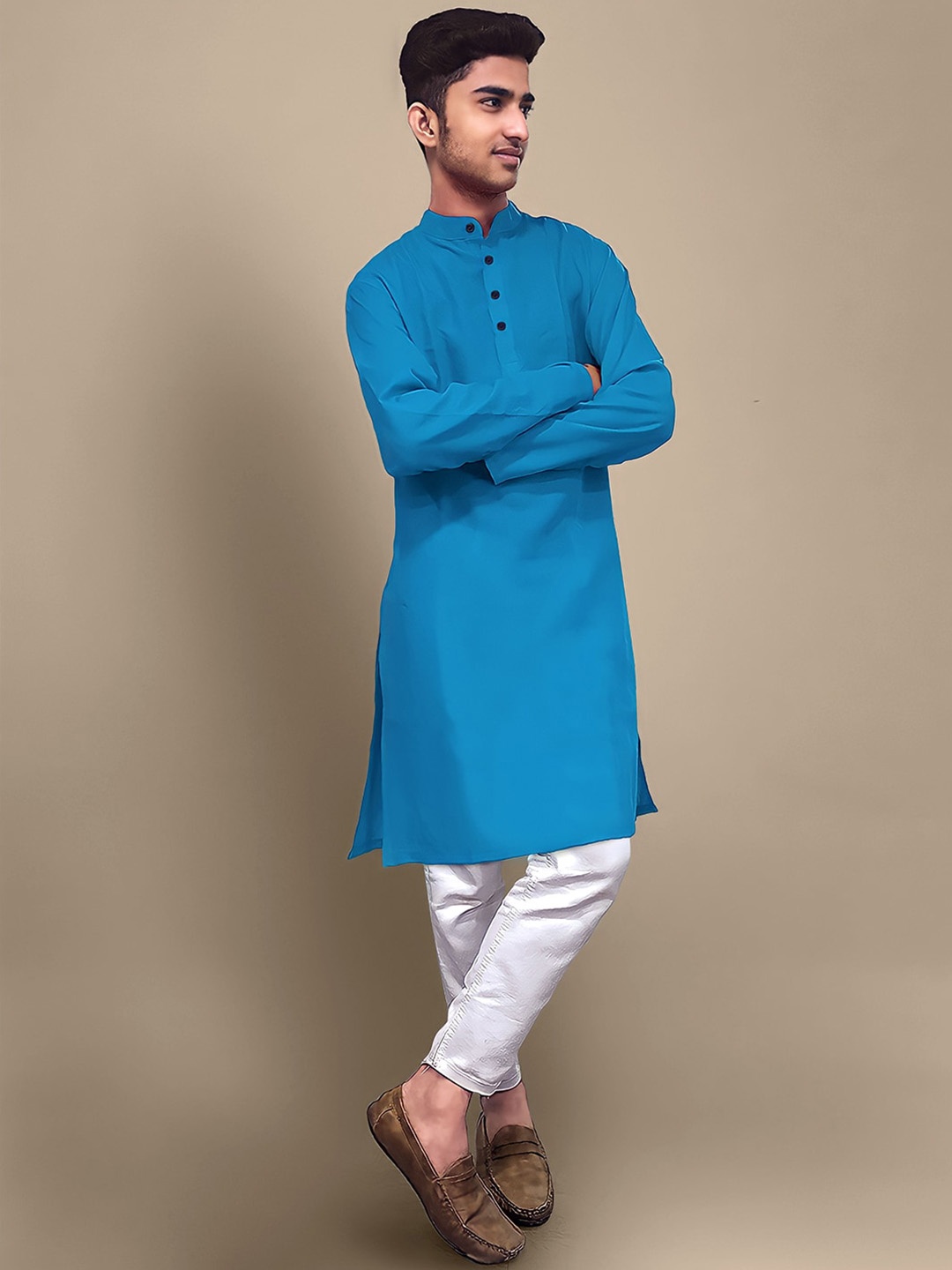 

1 Stop Fashion Mandarin Collar Thread Work Kurta, Turquoise blue