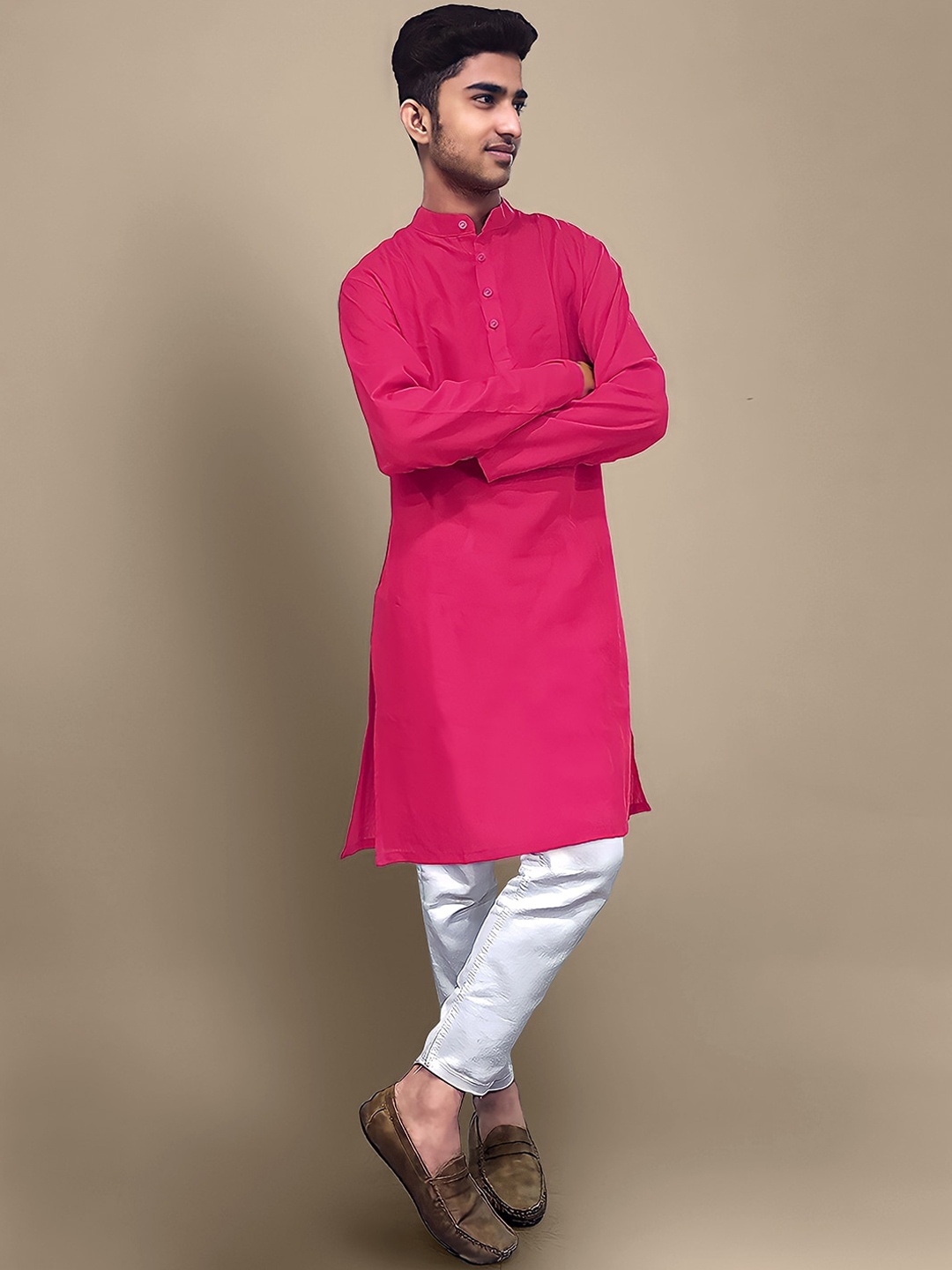 

1 Stop Fashion Mandarin Collar Thread Work Kurta, Pink