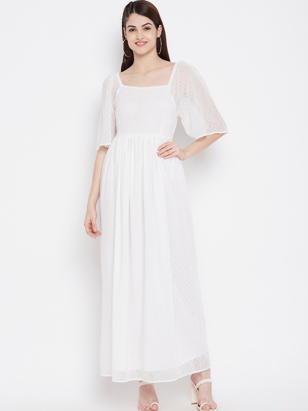 

BAESD Self Design Square Neck Flared Sleeves Chiffon Fit & Flare Maxi Dress, White