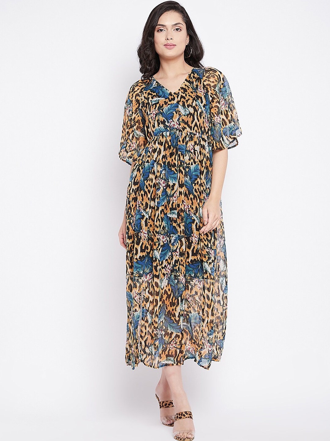 

BAESD Abstract Printed Flared Sleeves Georgette Fit & Flare Midi Dress, Brown