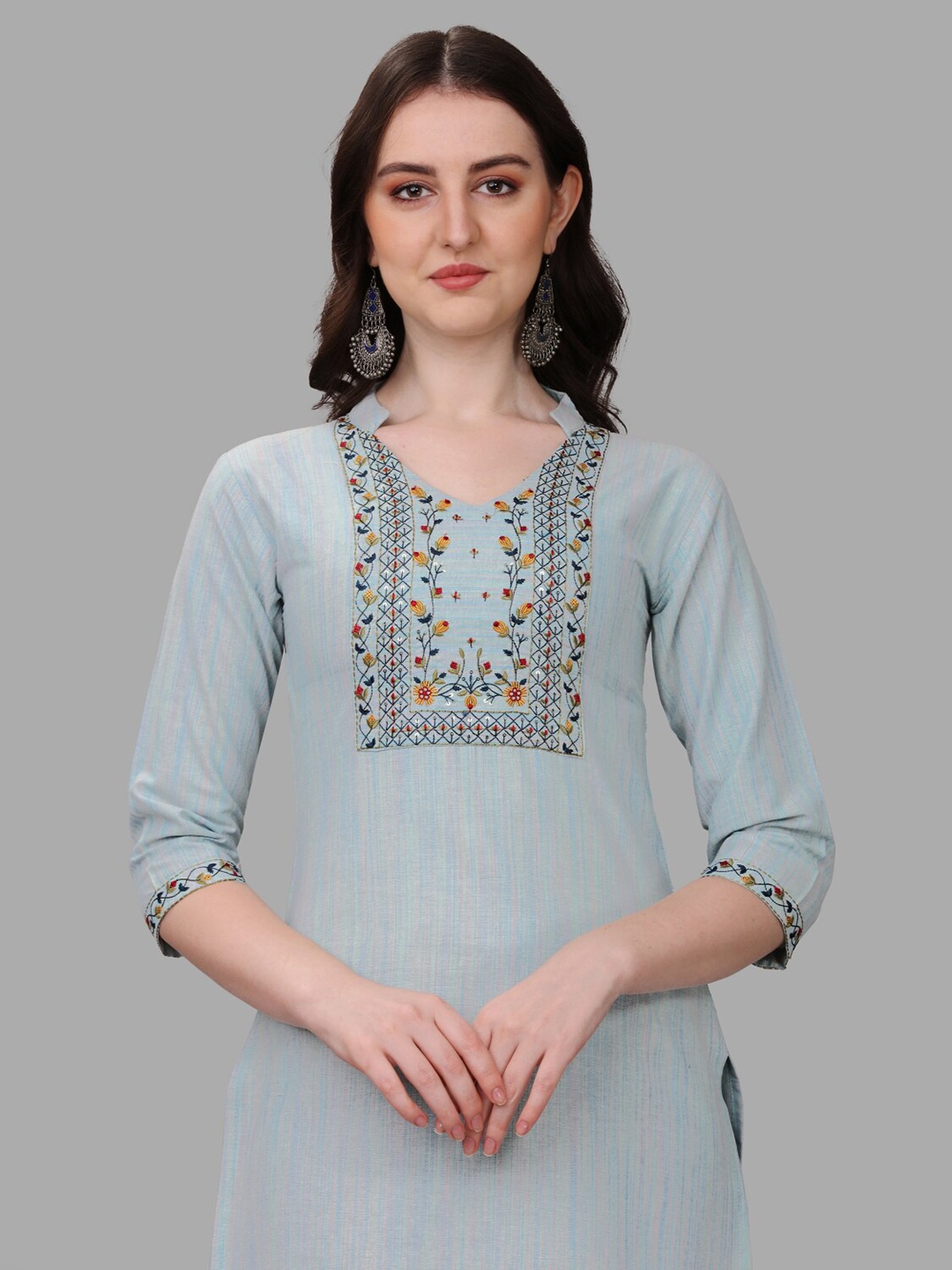 

Anouk Blue & Yellow Floral Sequinned Embroidered Regular Cotton Kurta