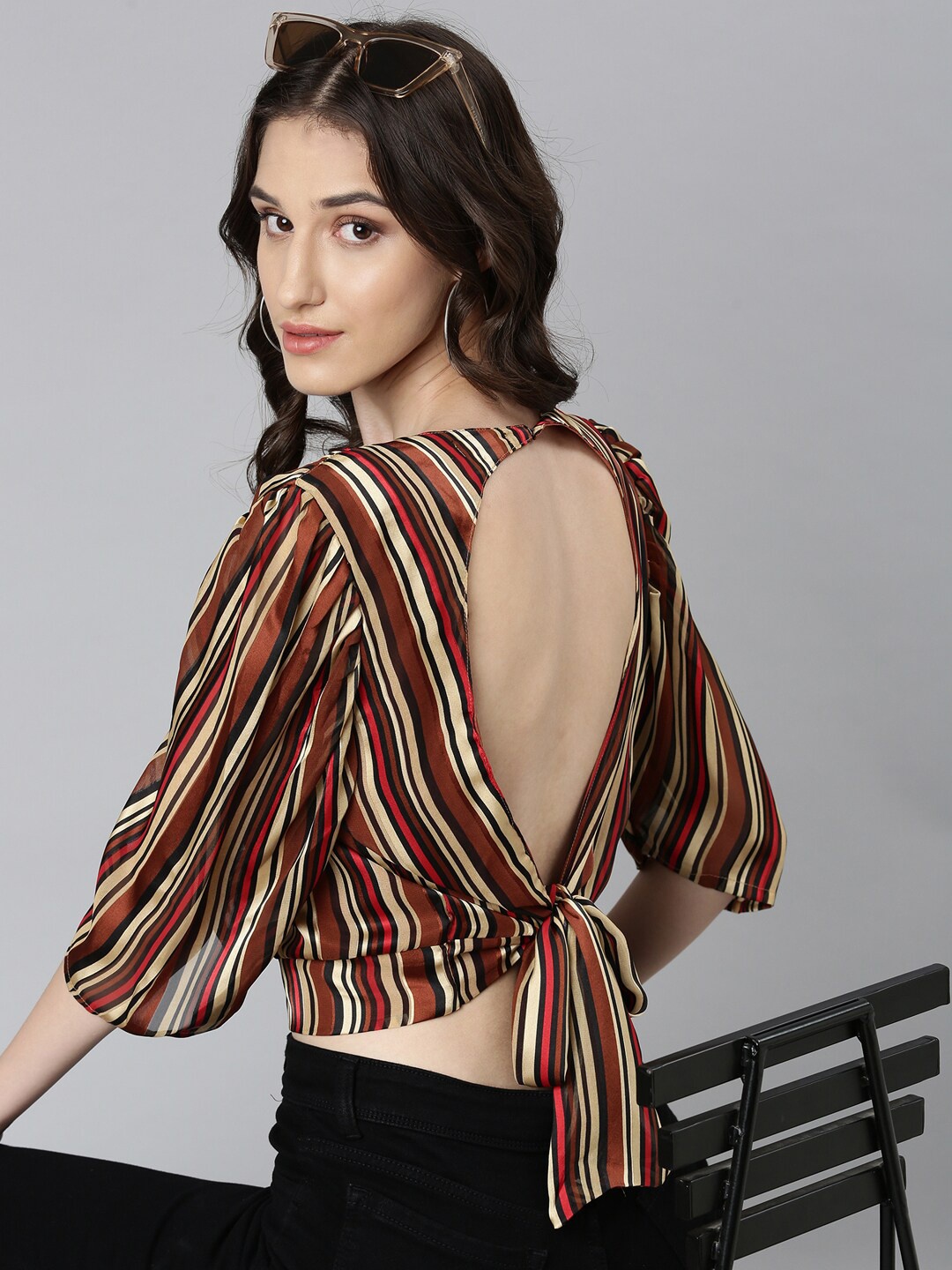 

SHOWOFF Striped Puff Sleeve Styled Back Crop Top, Brown