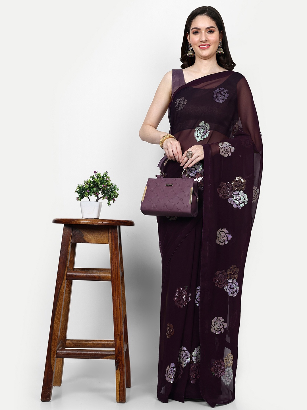 

DWIZA ENTERPRISE Floral Embellished Sequinned Pure Georgette Saree, Purple
