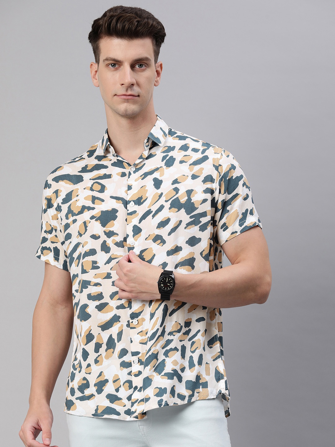 

Majestic Man Men Comfort Slim Fit Opaque Printed Casual Shirt, Beige