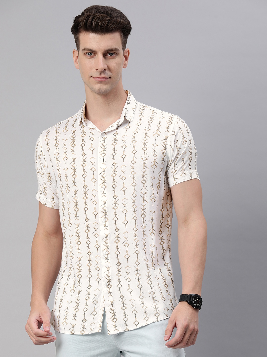 

Majestic Man Men Comfort Slim Fit Opaque Printed Casual Shirt, Off white