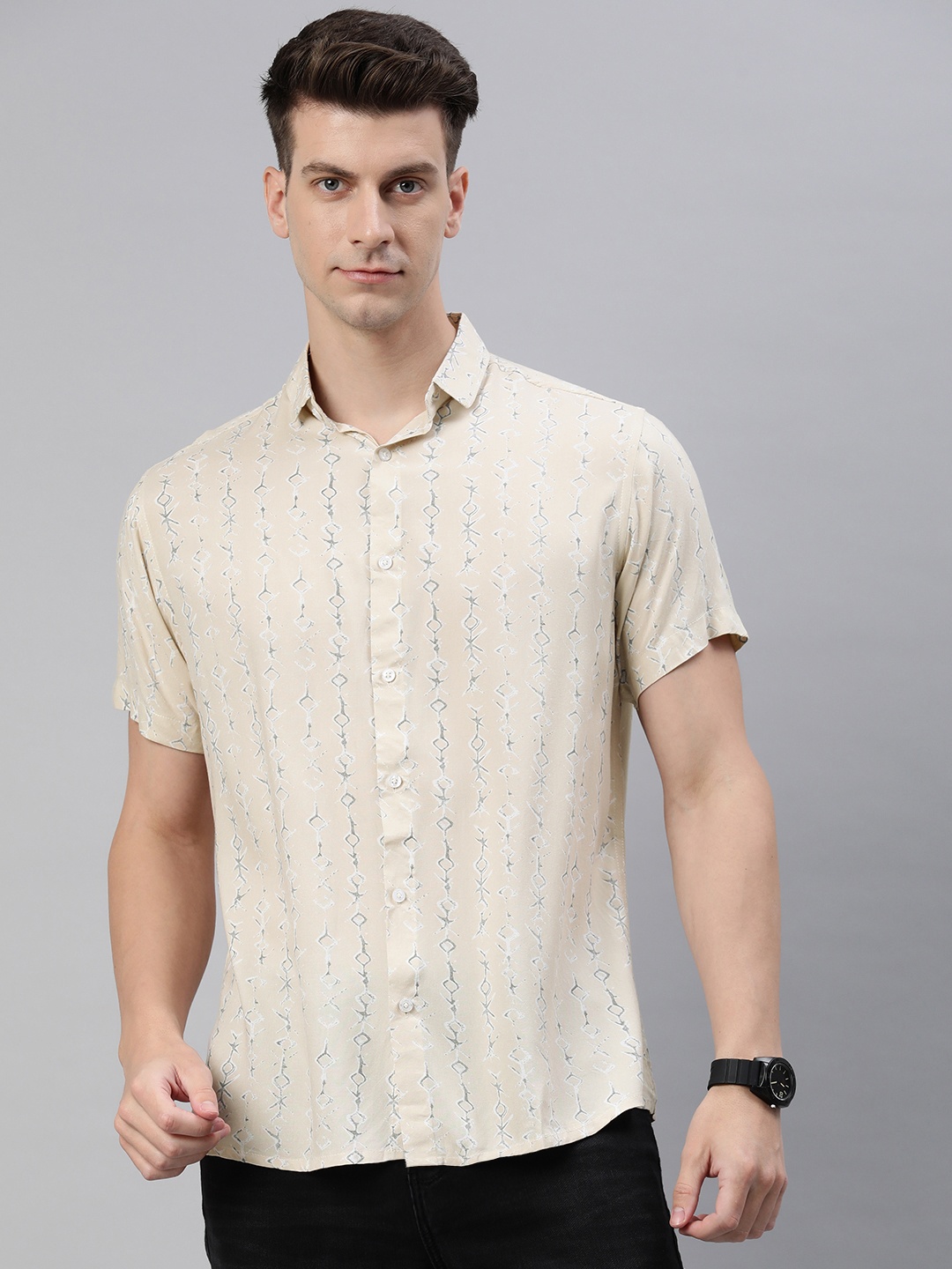 

Majestic Man Men Comfort Slim Fit Opaque Printed Casual Shirt, Beige