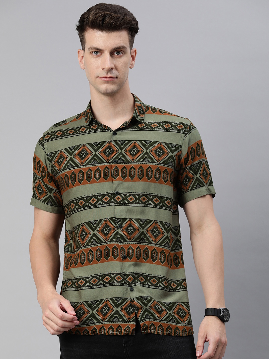 

Majestic Man Men Comfort Slim Fit Opaque Printed Casual Shirt, Olive
