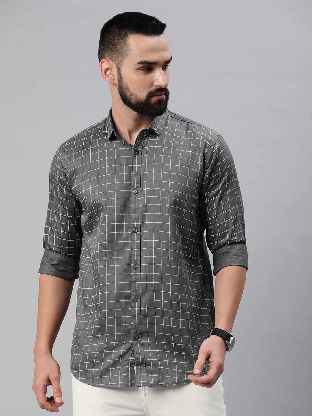 

Majestic Man Men Comfort Slim Fit Grid Tattersall Checked Pure Cotton Casual Shirt, Grey