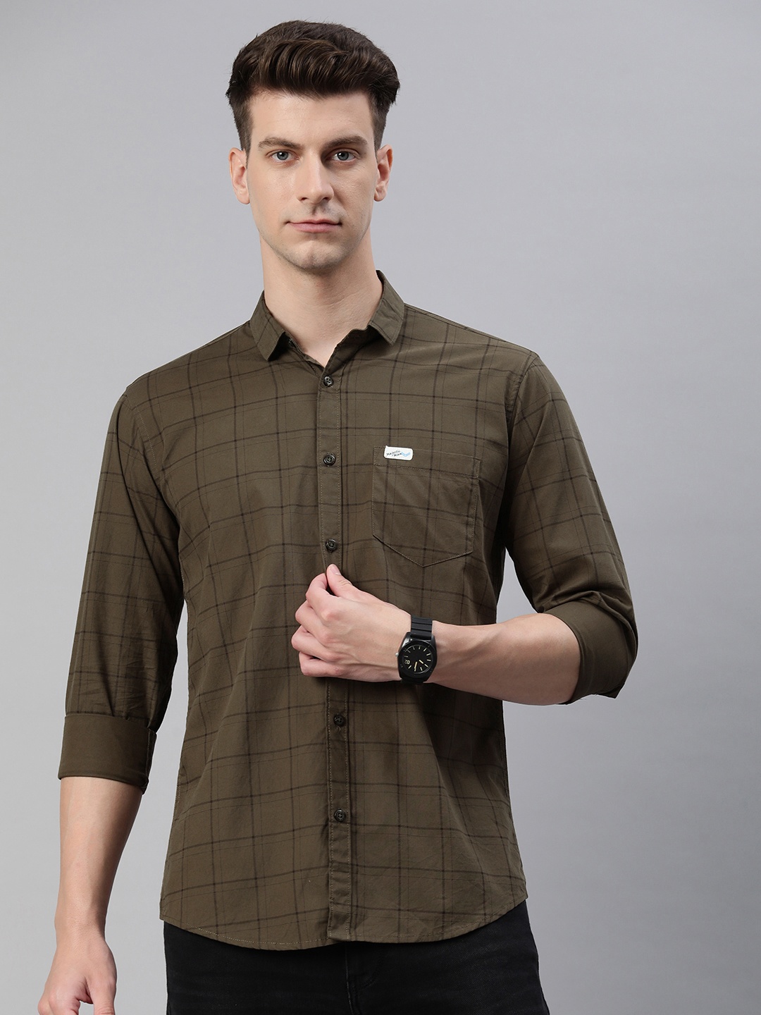 

Majestic Man Men Comfort Slim Fit Opaque Checked Pure Cotton Casual Shirt, Olive