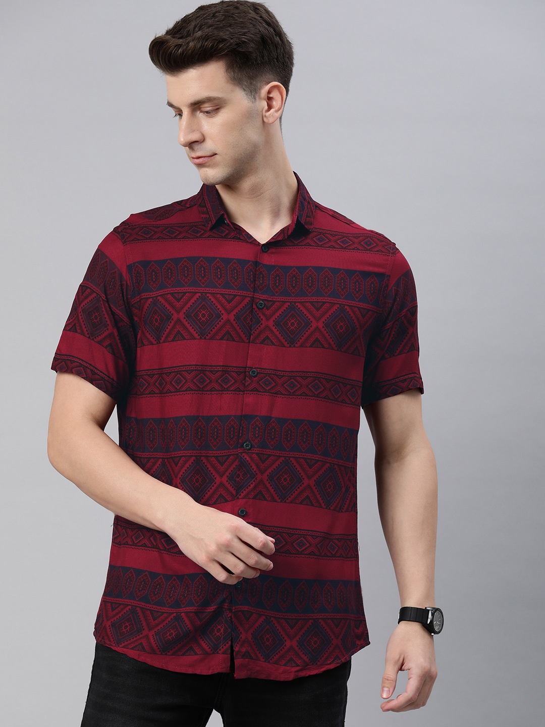 

Majestic Man Men Comfort Slim Fit Opaque Printed Casual Shirt, Maroon