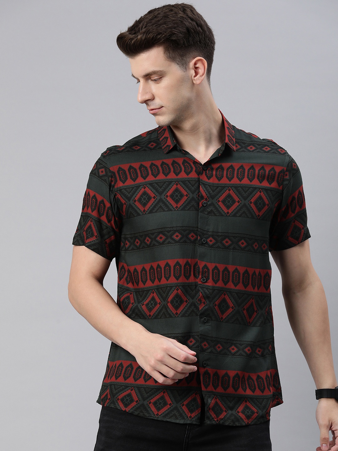 

Majestic Man Men Comfort Slim Fit Opaque Printed Casual Shirt, Green