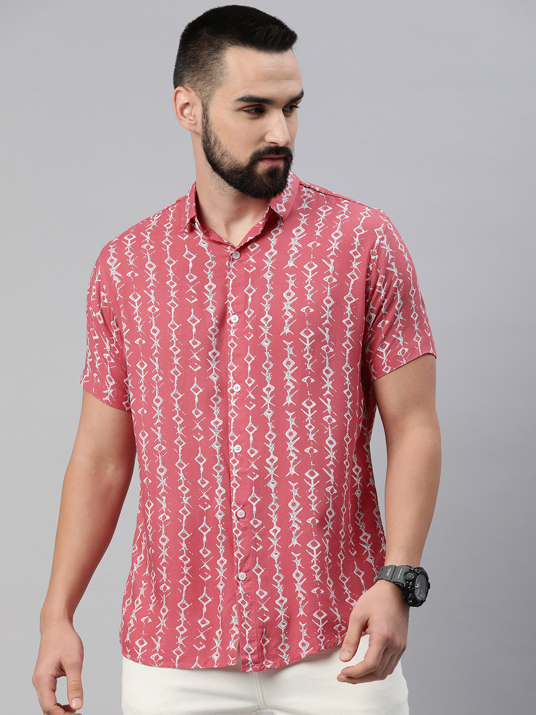 

Majestic Man Men Comfort Slim Fit Opaque Printed Casual Shirt, Pink