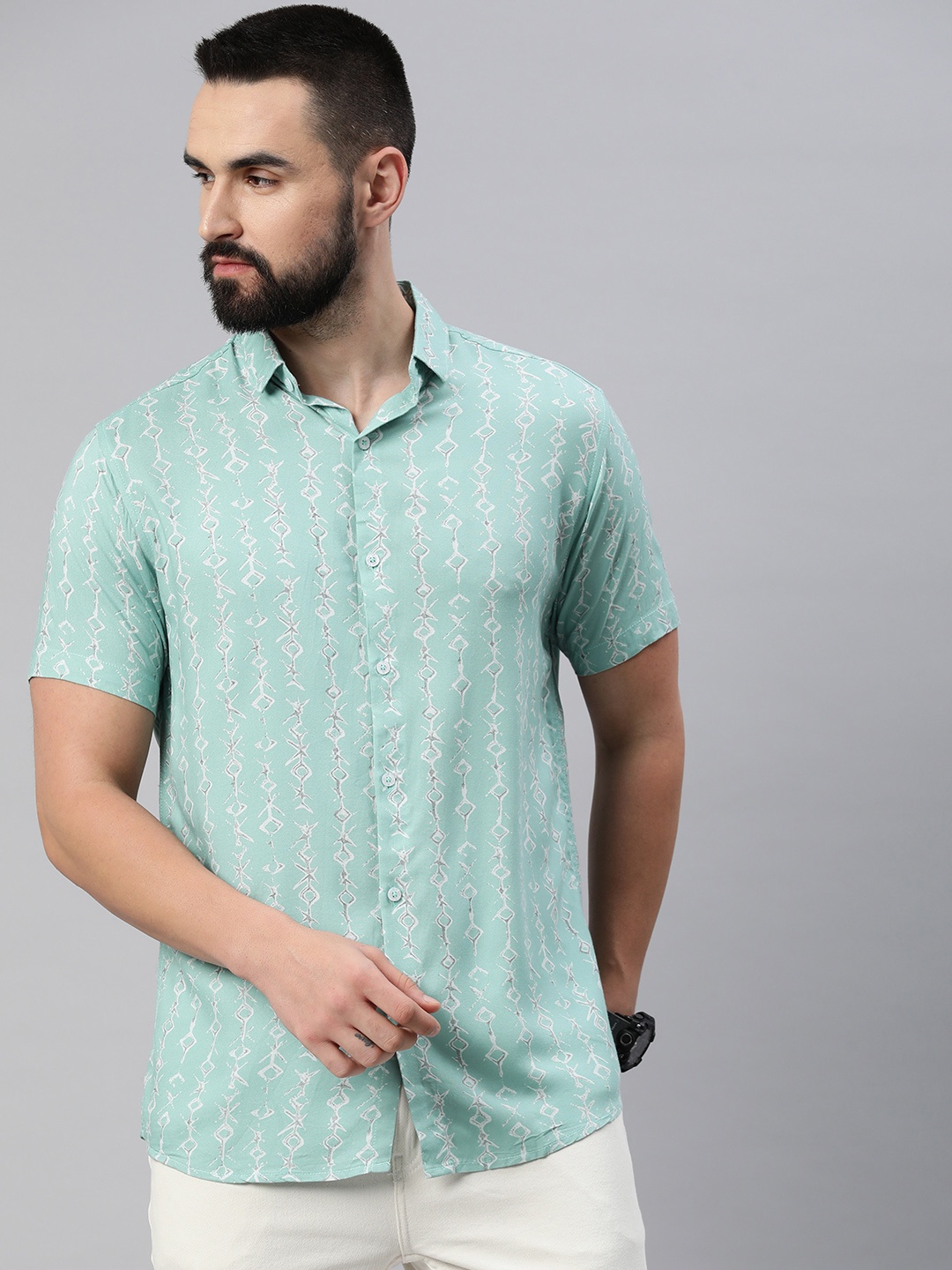 

Majestic Man Men Comfort Slim Fit Opaque Printed Casual Shirt, Sea green