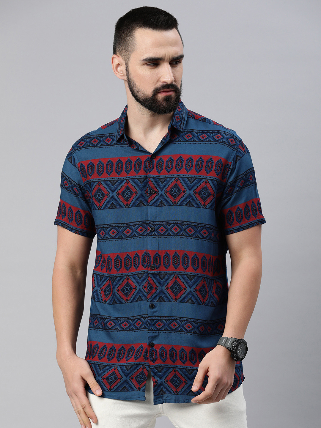 

Majestic Man Men Comfort Slim Fit Opaque Printed Casual Shirt, Blue