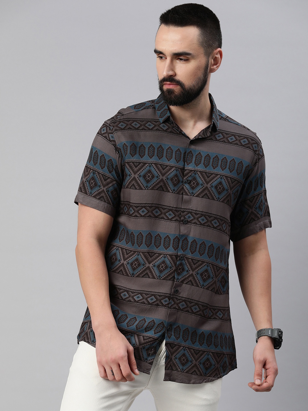 

Majestic Man Men Comfort Slim Fit Opaque Printed Casual Shirt, Grey