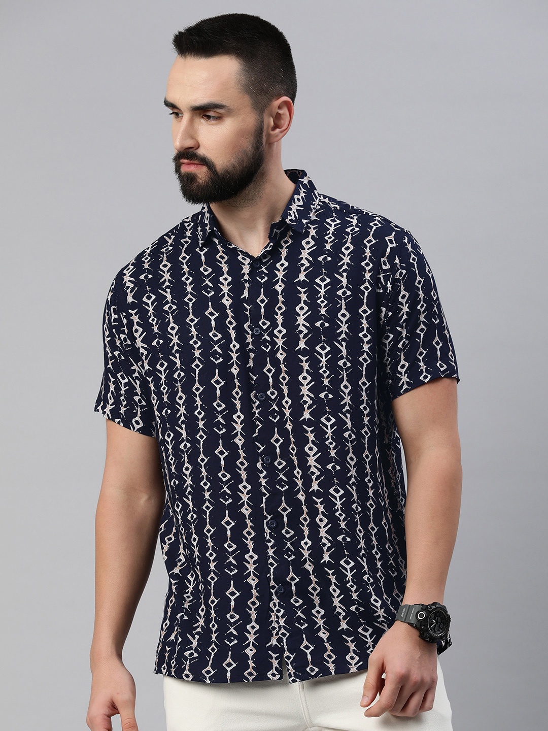 

Majestic Man Men Comfort Slim Fit Opaque Printed Casual Shirt, Navy blue