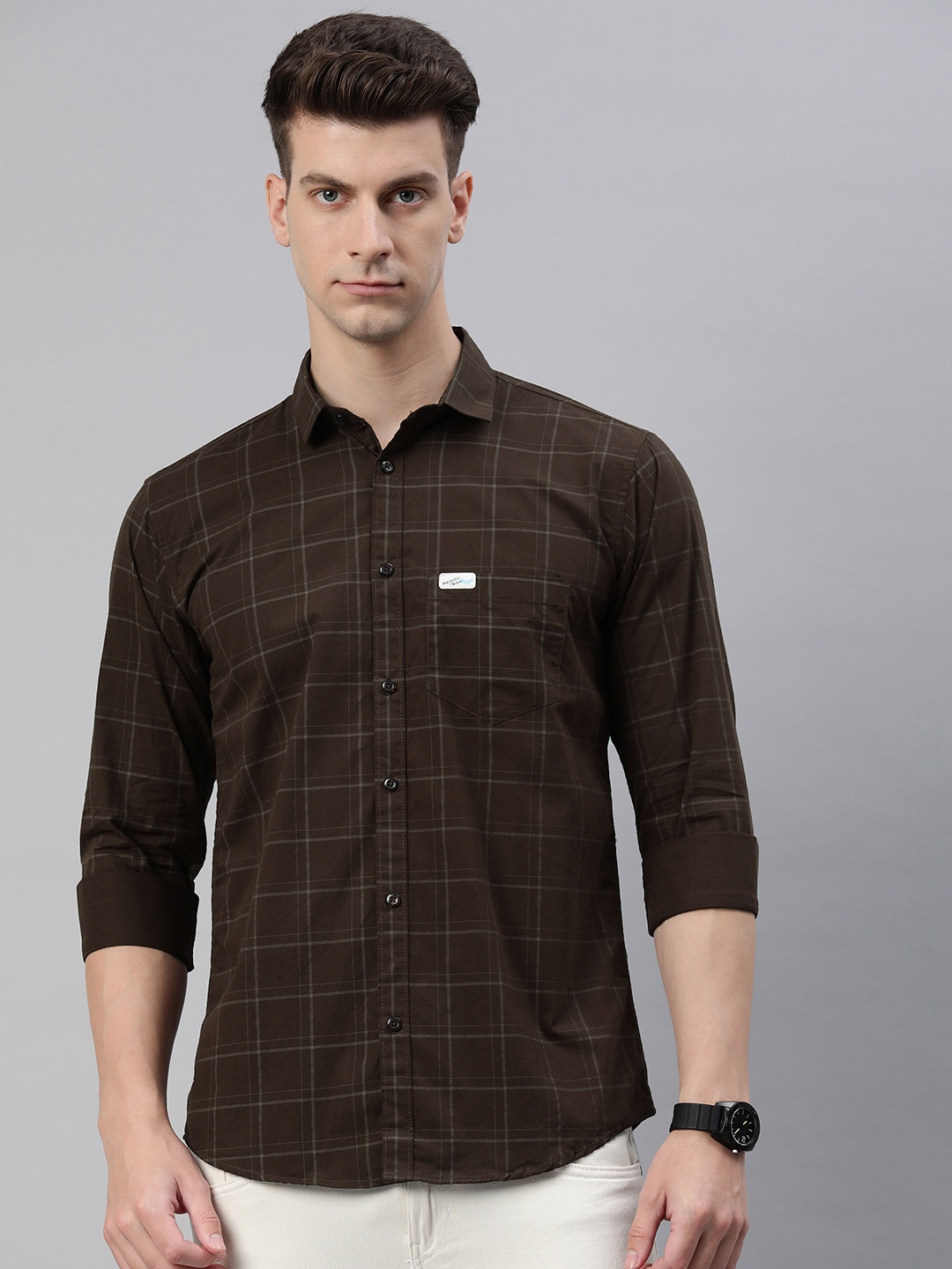 

Majestic Man Men Comfort Slim Fit Opaque Checked Pure Cotton Casual Shirt, Brown