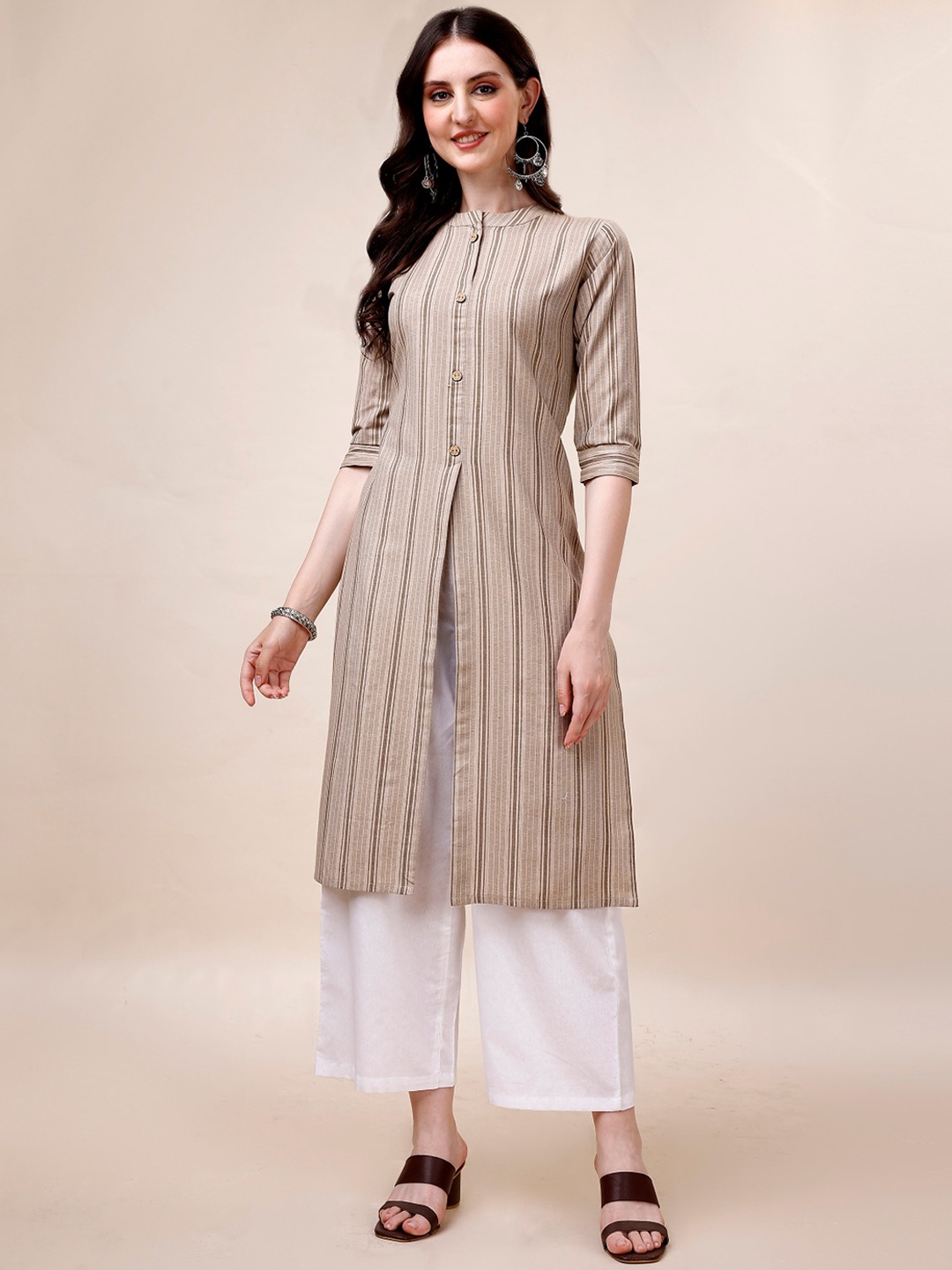 

Anouk Striped Regular Pure Cotton Kurta With Palazzos, Beige