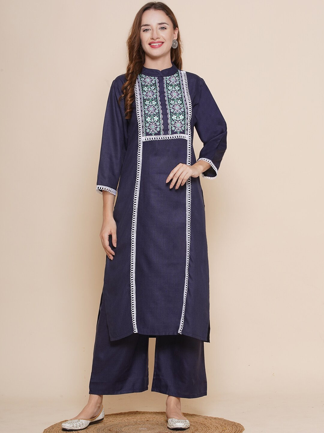 

Bhama Couture Ethnic Motifs Yoke Design Regular Thread Work Kurta With Palazzos, Navy blue
