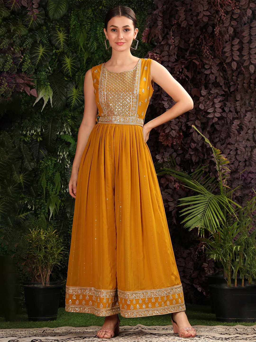 

BLACK SCISSOR Self Design Gathers Basic Jumpsuit, Mustard