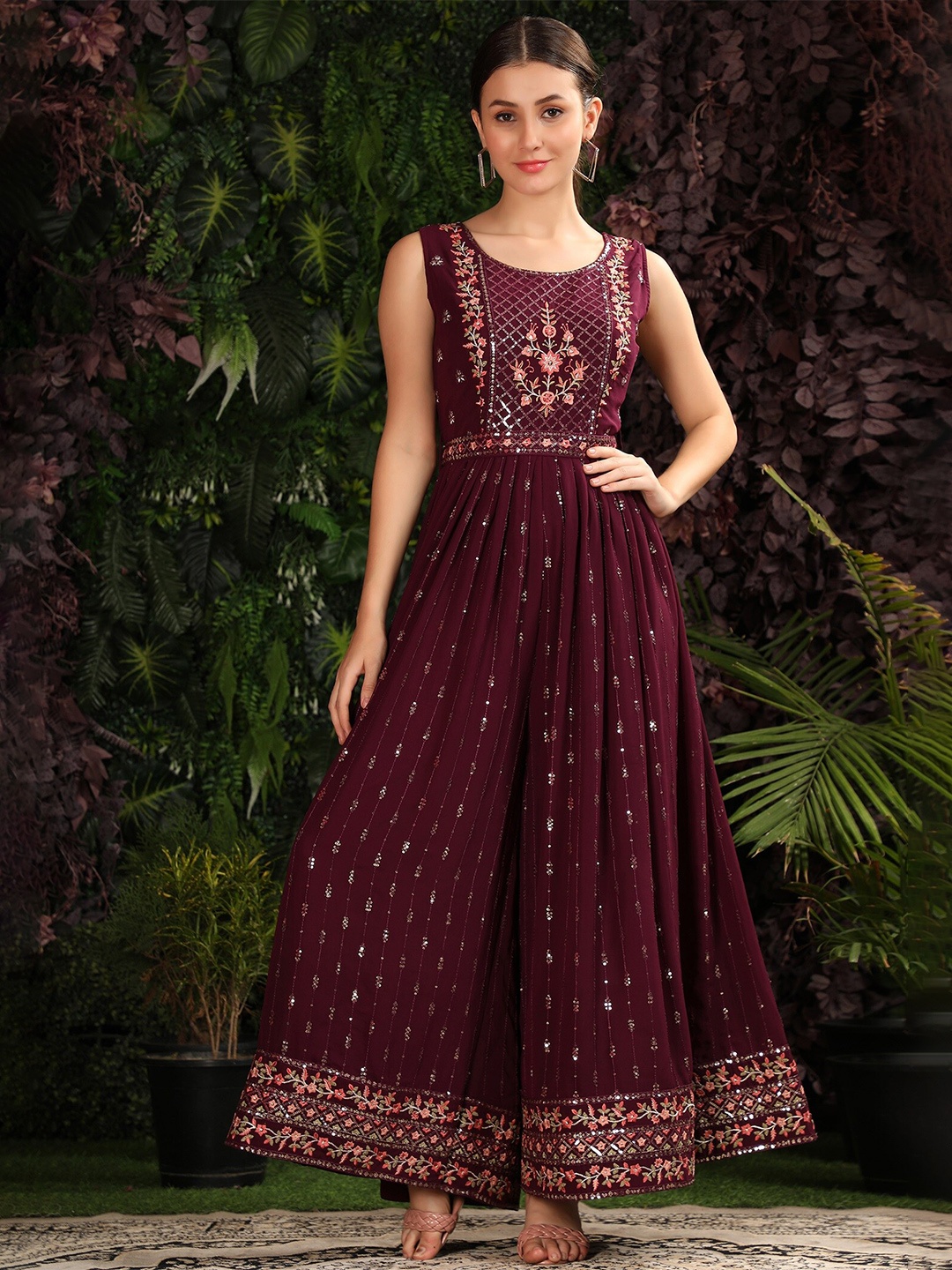 

BLACK SCISSOR Floral Self Design Gathers Basic Jumpsuit, Burgundy