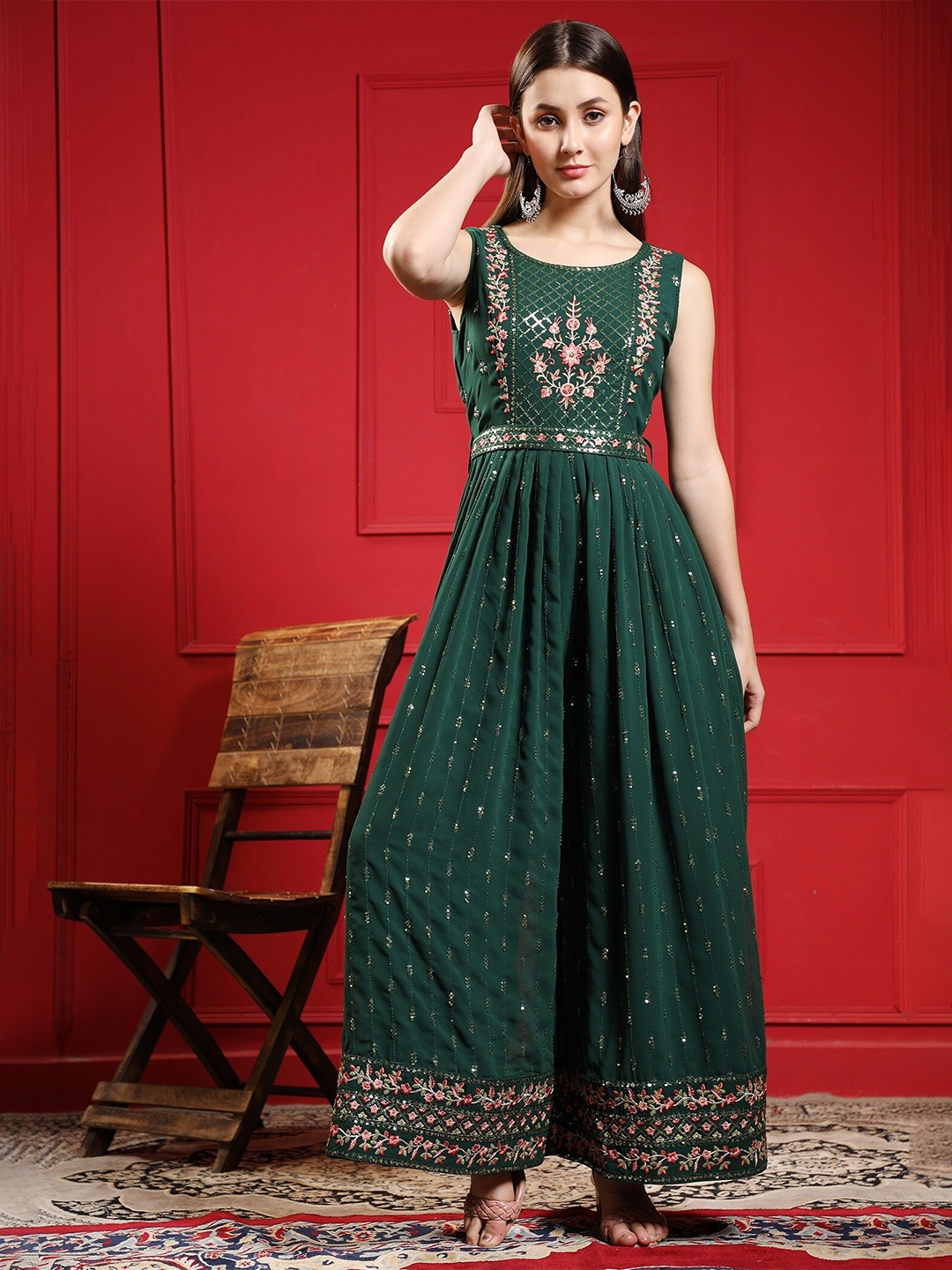 

BLACK SCISSOR Embellished Detailed Jumpsuit With Belt, Green