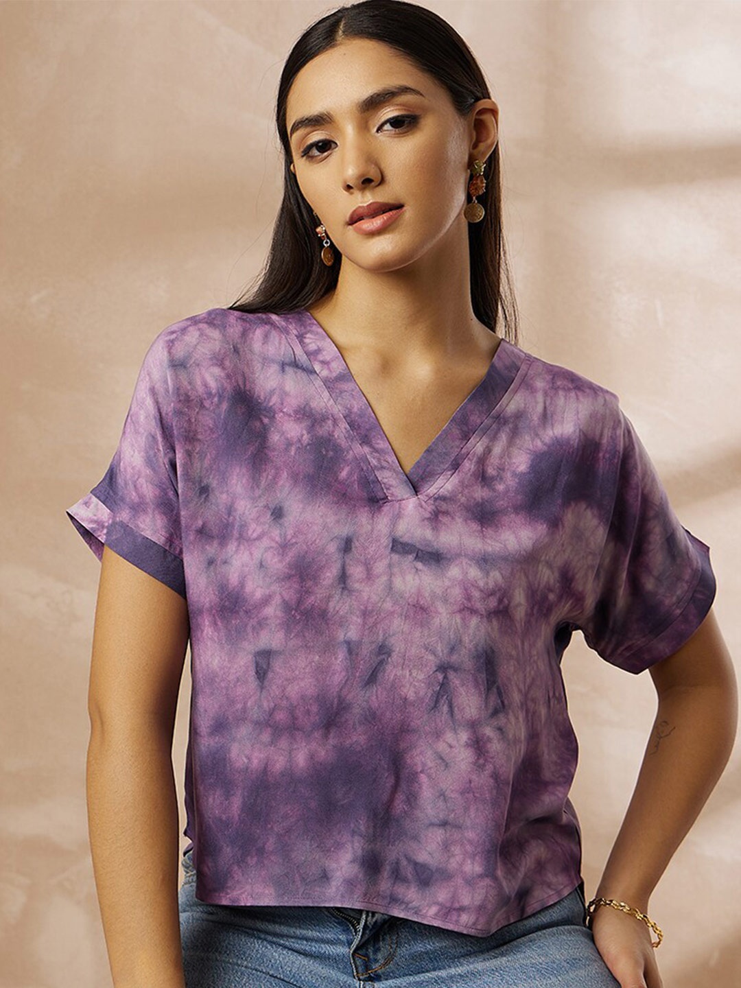 

all about you Tie And Dye Extended Sleeves Cotton Top, Purple