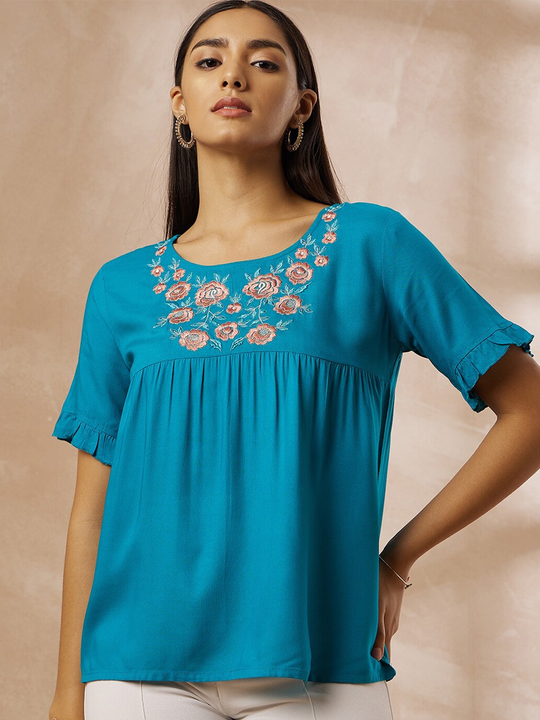 

all about you Blue Floral Embroidered Round Neck Gathered A-Line Top