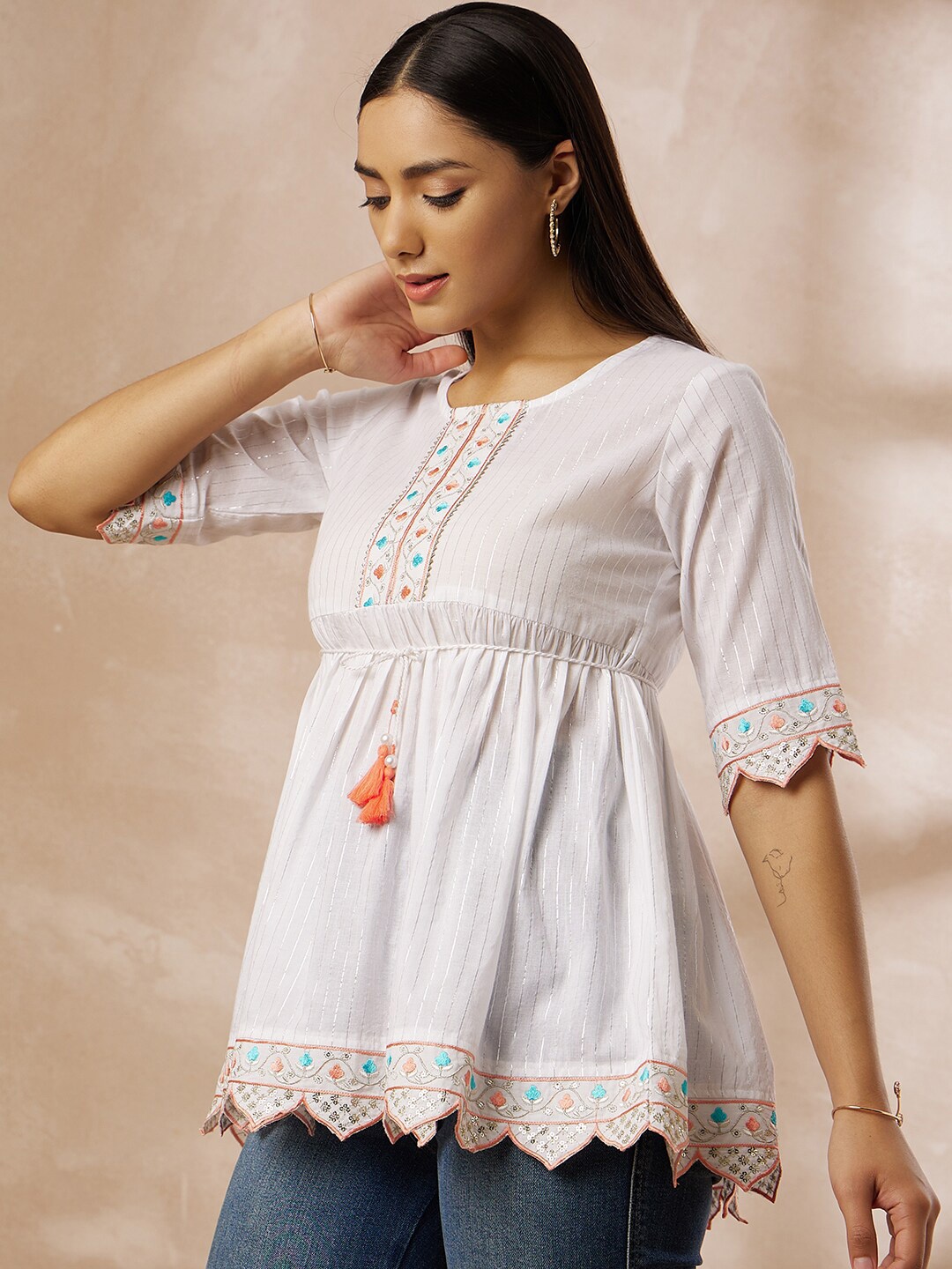 

all about you White Striped Round Neck Embroidered Cotton Empire Top