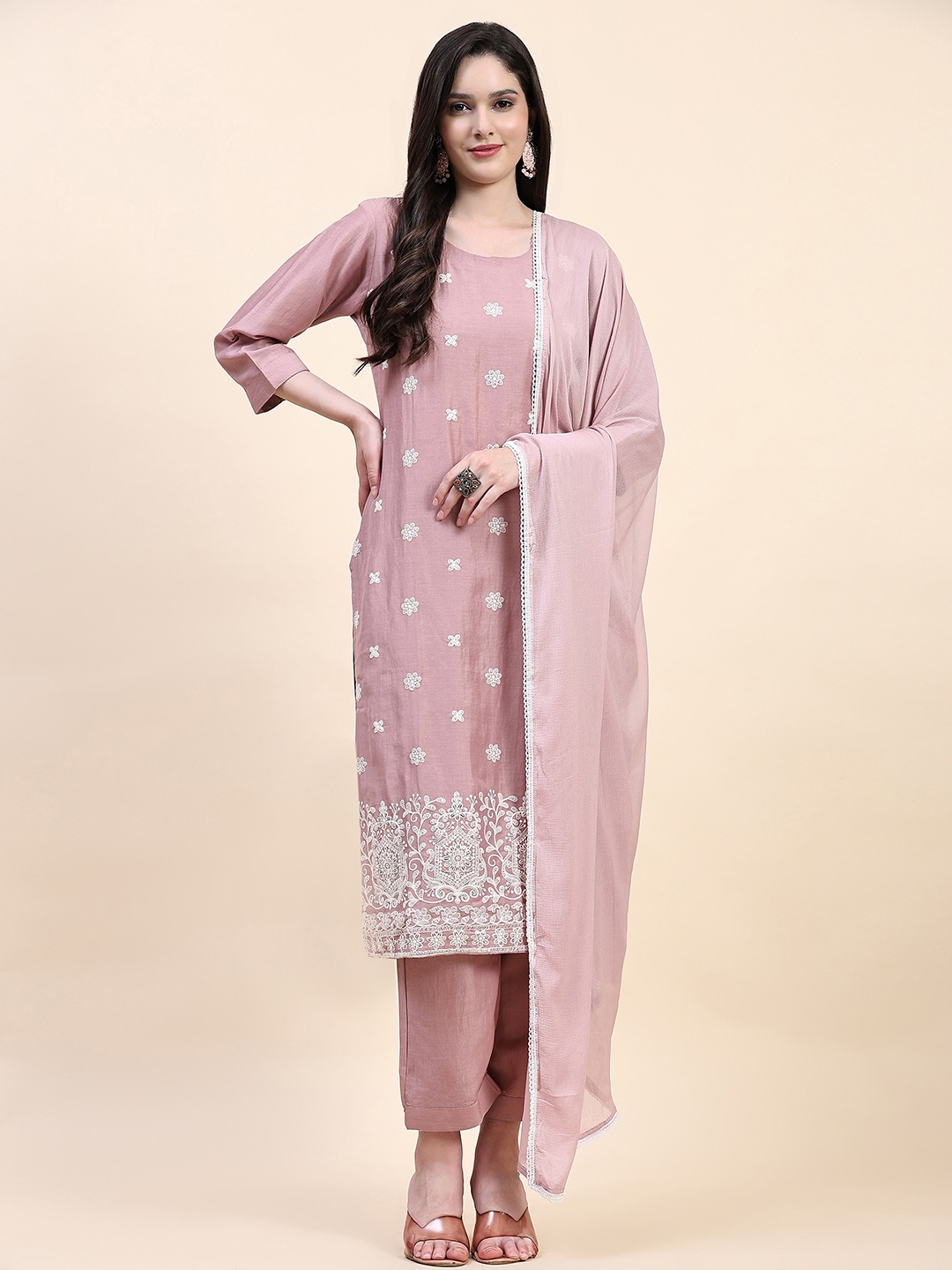 

Nivah Fashion Ethnic Motifs Embroidered Regular Pure Cotton Kurta With Trousers & Dupatta, Pink