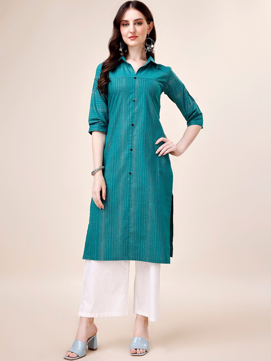 

Anouk Striped Shirt Collar Pure Cotton Kurta With Palazzos, Teal