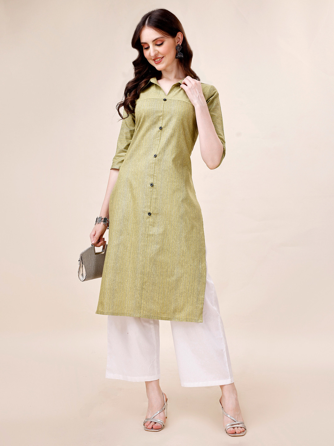 

Anouk Striped Shirt Collar Pure Cotton Kurta With Palazzos, Green