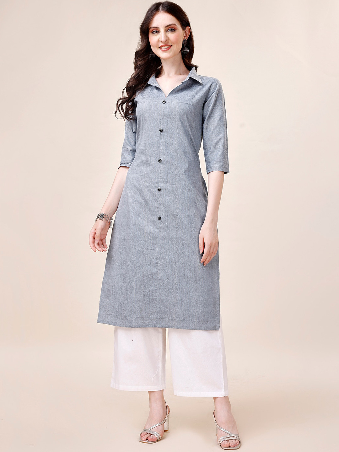 

Anouk Striped Shirt Collar Pure Cotton Kurta With Palazzos, Grey