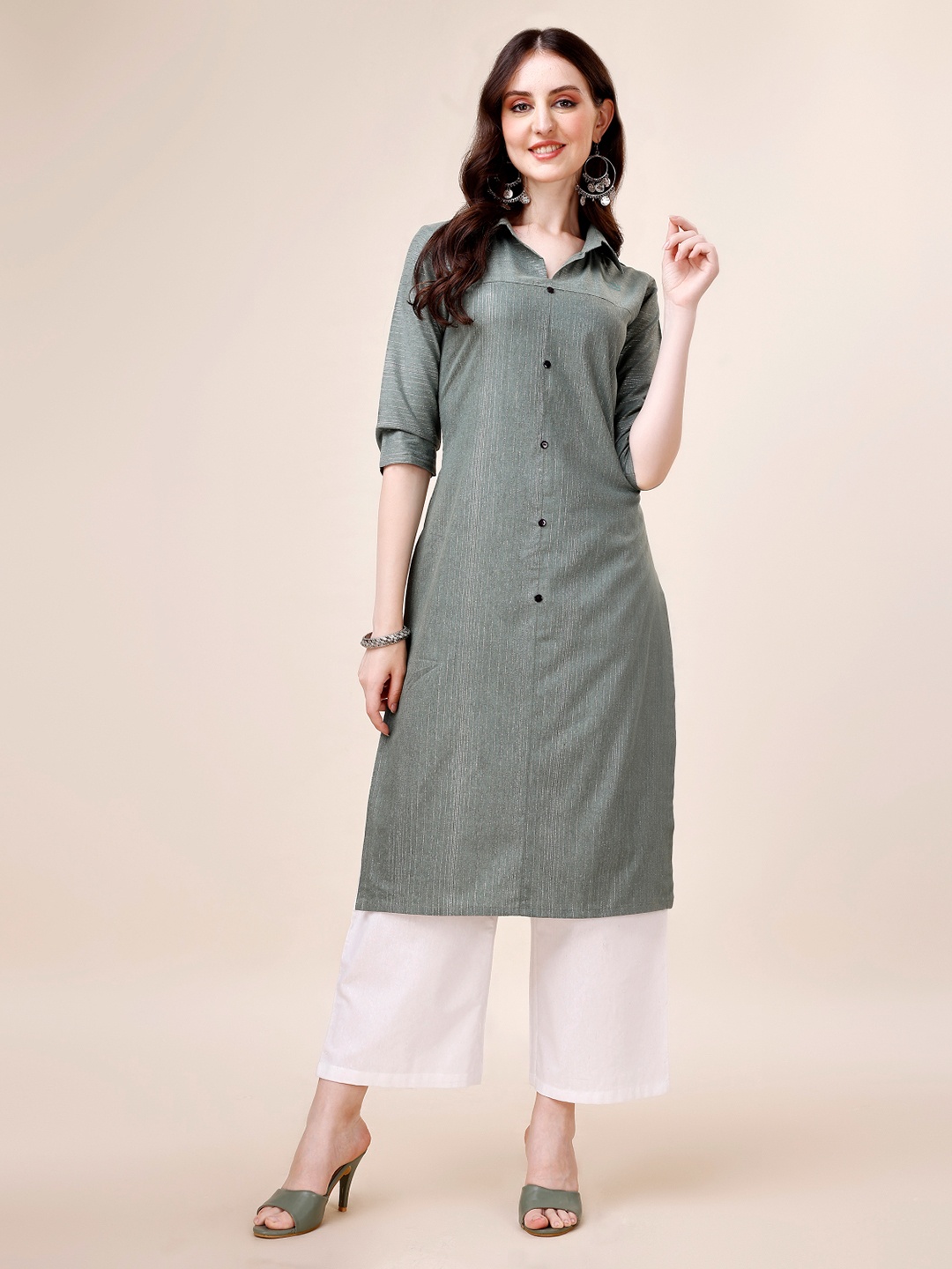 

Anouk Striped Shirt Collar Pure Cotton Kurta With Palazzos, Steel