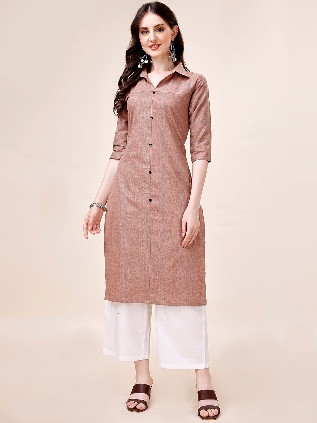

Anouk Striped Shirt Collar Pure Cotton Kurta With Palazzos, Rust