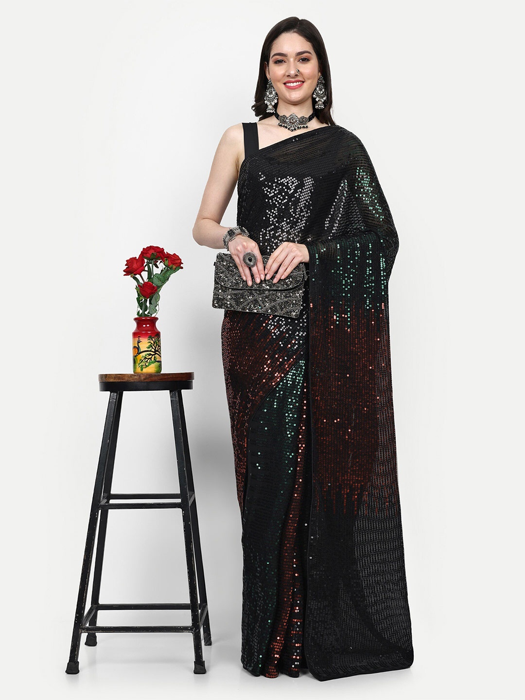 

DWIZA ENTERPRISE Embellished Sequinned Pure Georgette Saree, Maroon