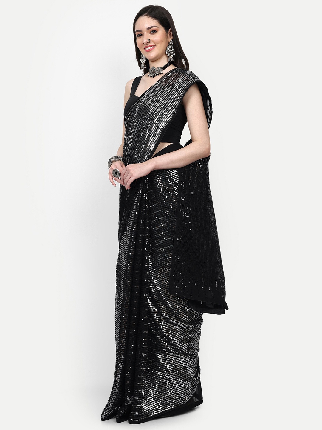 

DWIZA ENTERPRISE Embellished Sequinned Pure Georgette Saree, Black