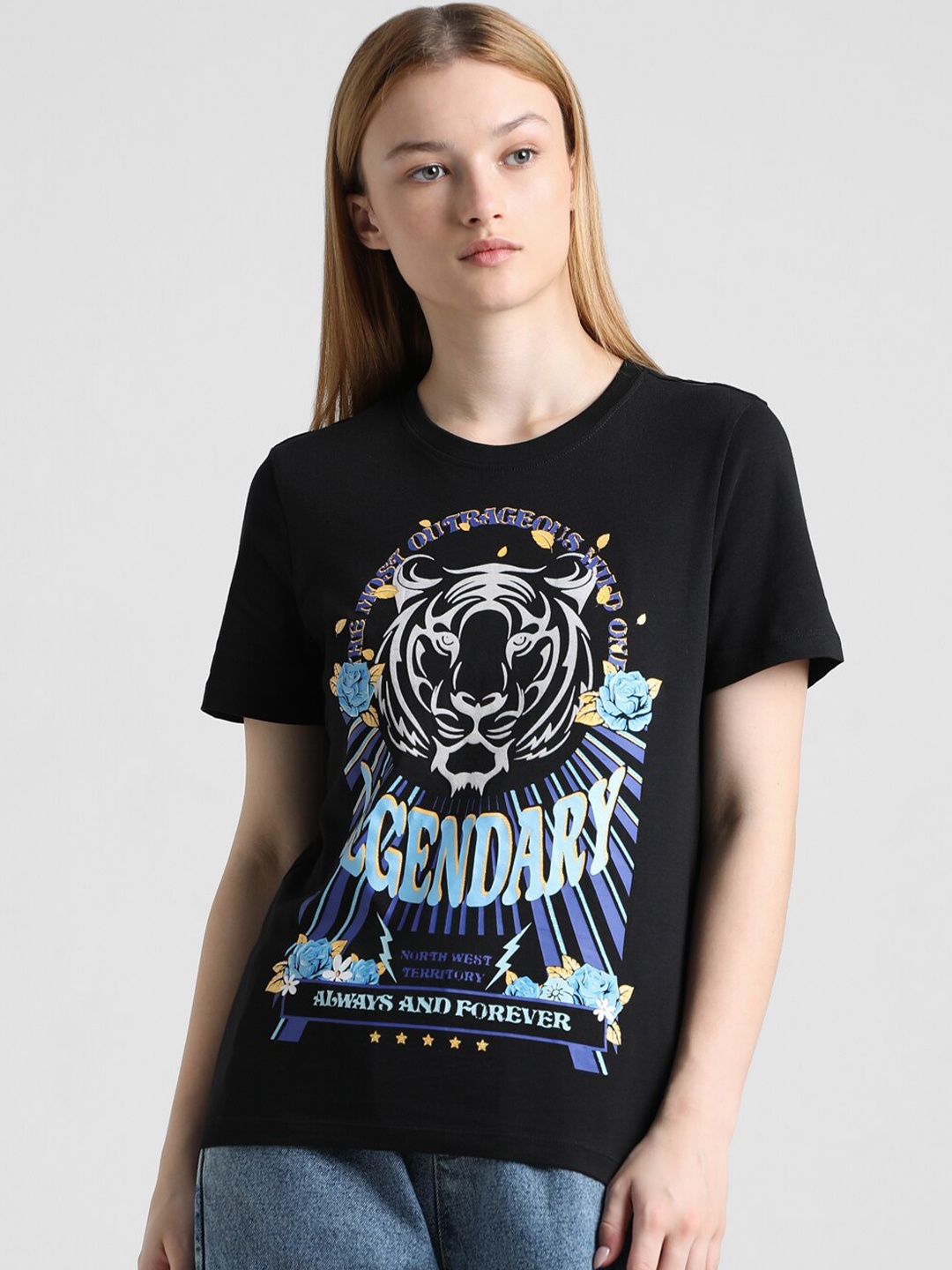 

ONLY Typography Printed Round Neck Pure Cotton T-shirt, Black