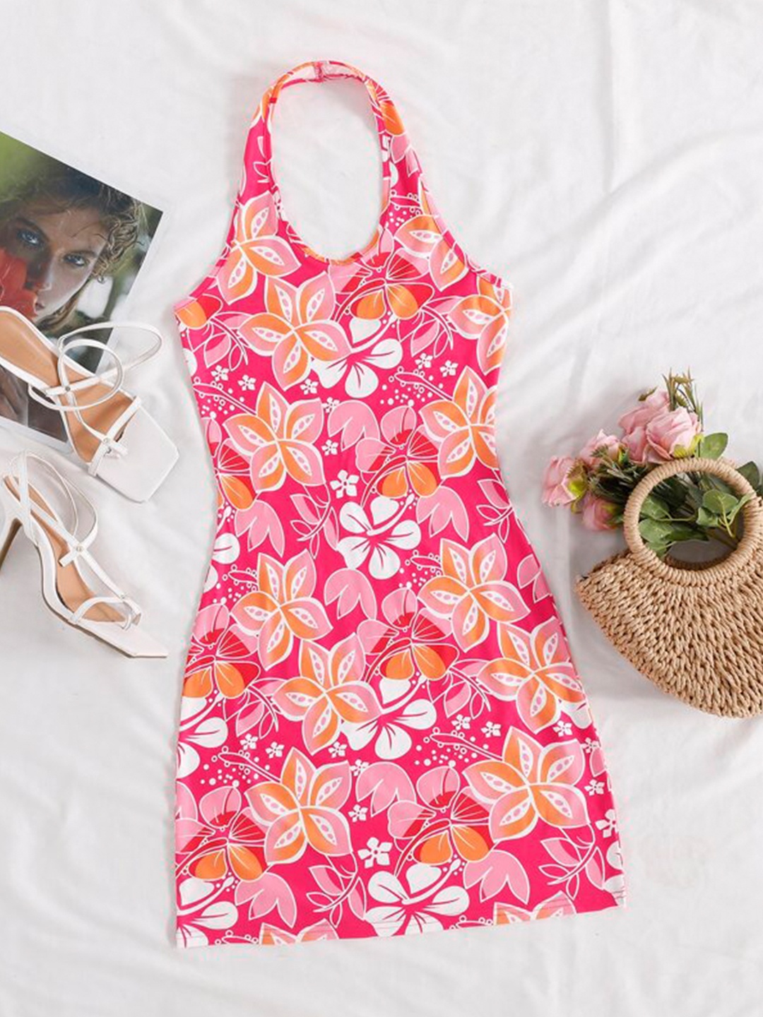 

MAZIE Floral Printed Halter Neck A-Line Dress, Pink