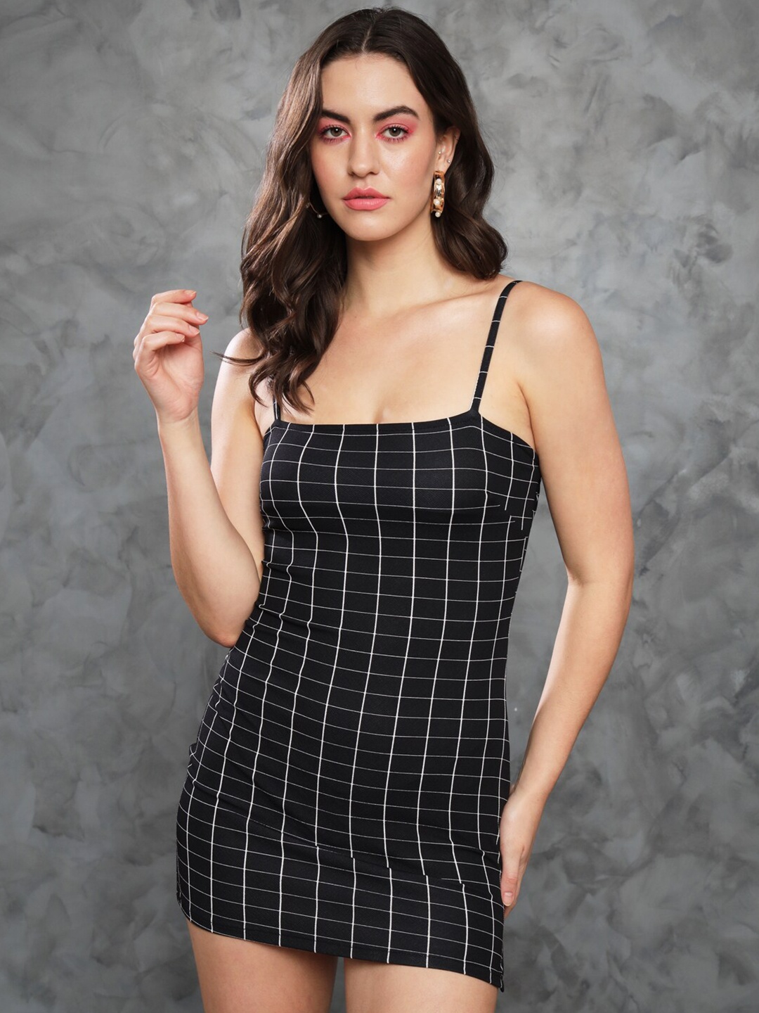 

MAZIE Checked Shoulder Straps Bodycon Dress, Black